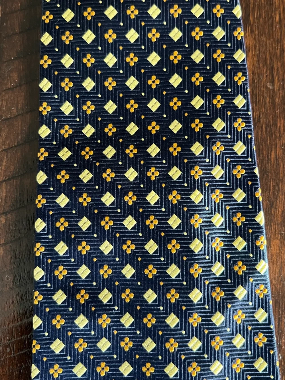 Paul Fredrick Navy Tie with Yellow Geometric Motif